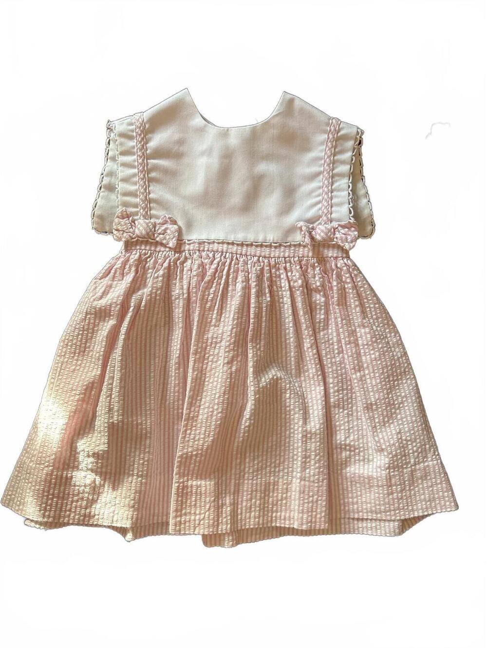 Vintage Simi Baby Seersucker Smocked Bibbed Dress with Bows - 12 months